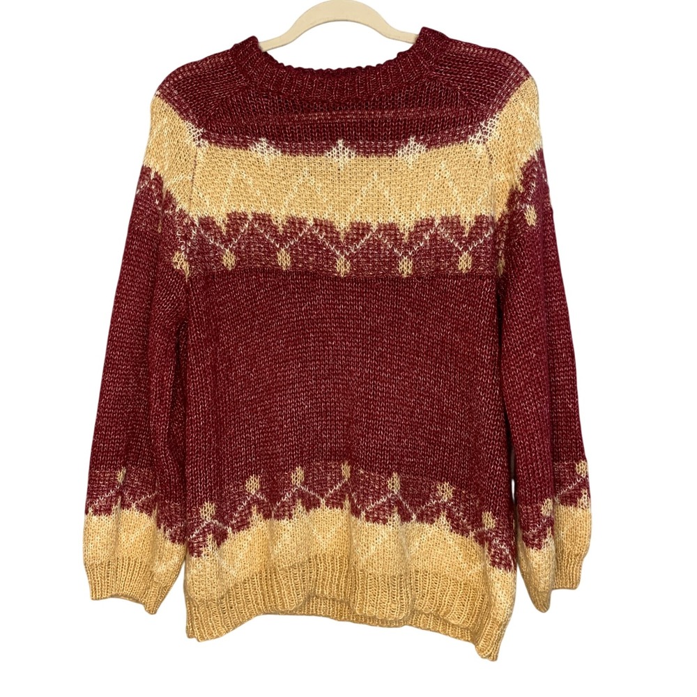 Chic Burgundy Beige Argyle Mohair Blend Knit Sweater Women's XL Cozy